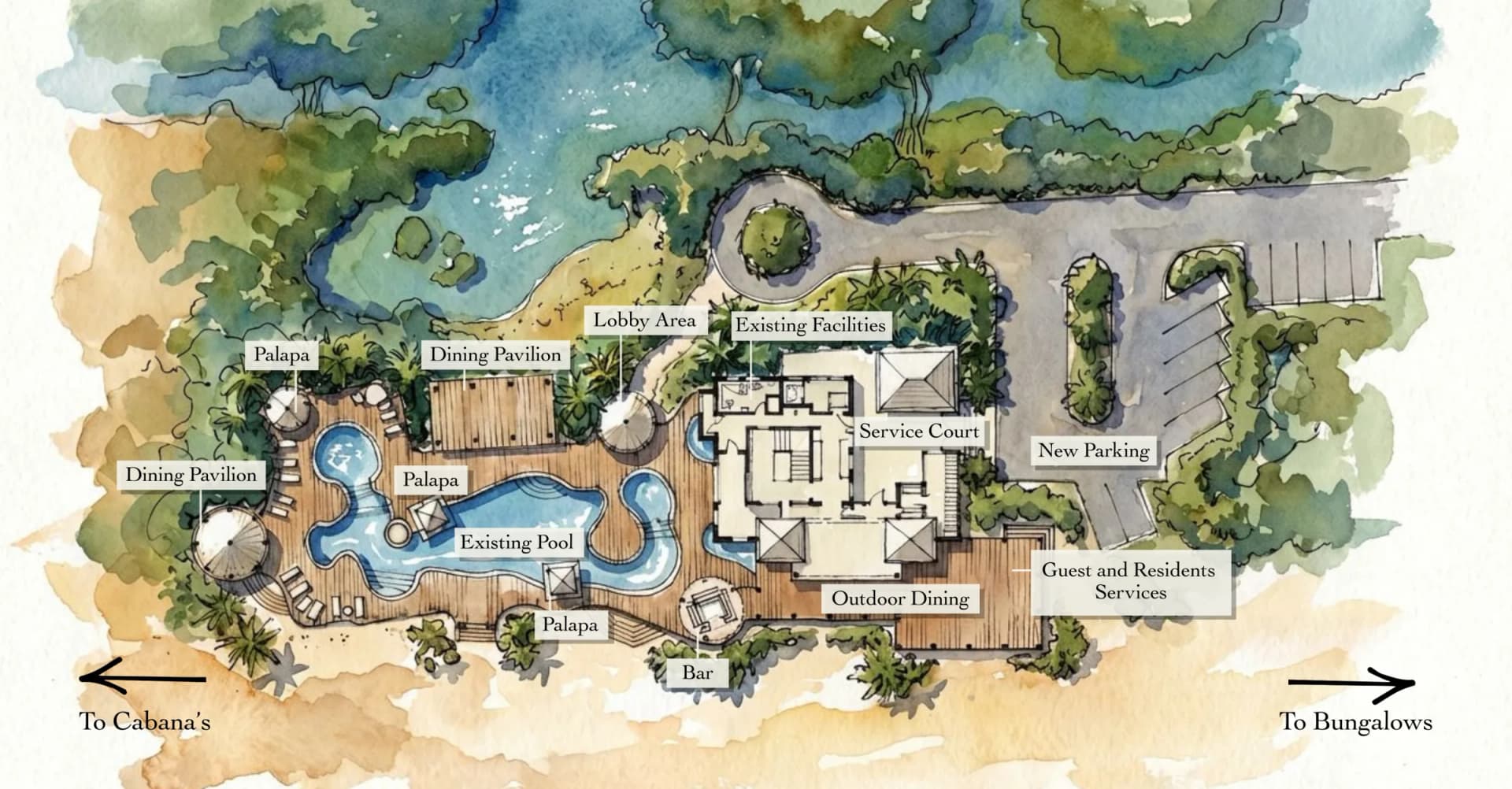 Beach Club pool and site plan with dining pavilions — artist concept