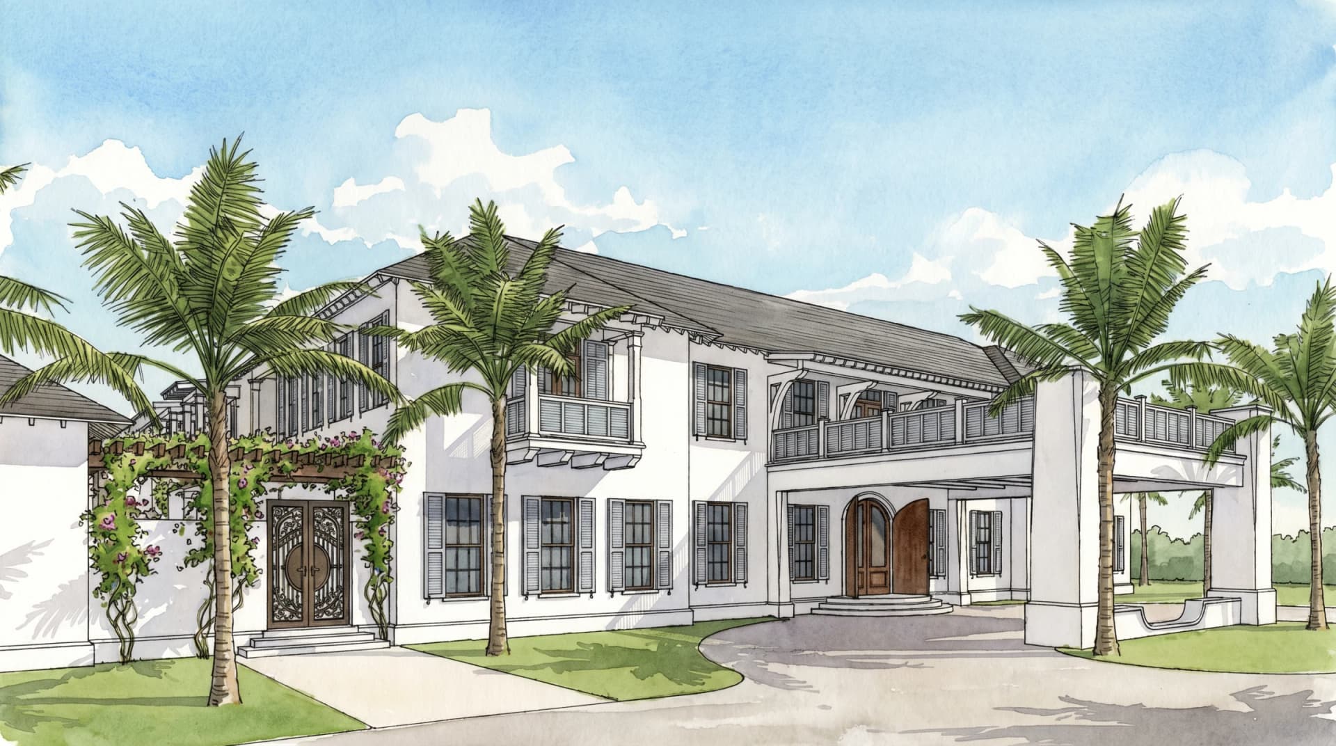 Red Rock Inn arrival with garden gate and porte-cochère — artist concept