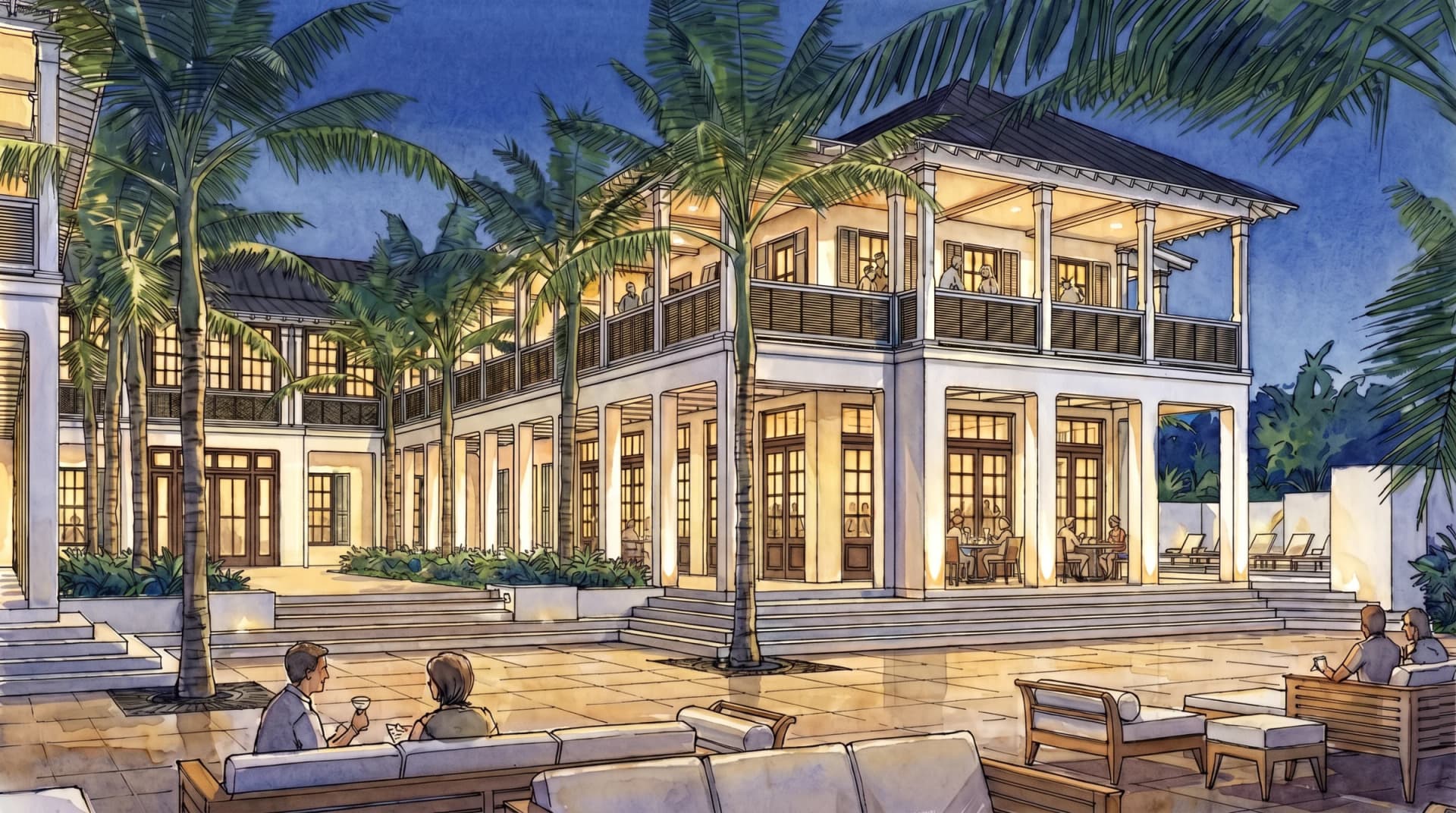 Red Rock Inn courtyard evening gathering — artist concept