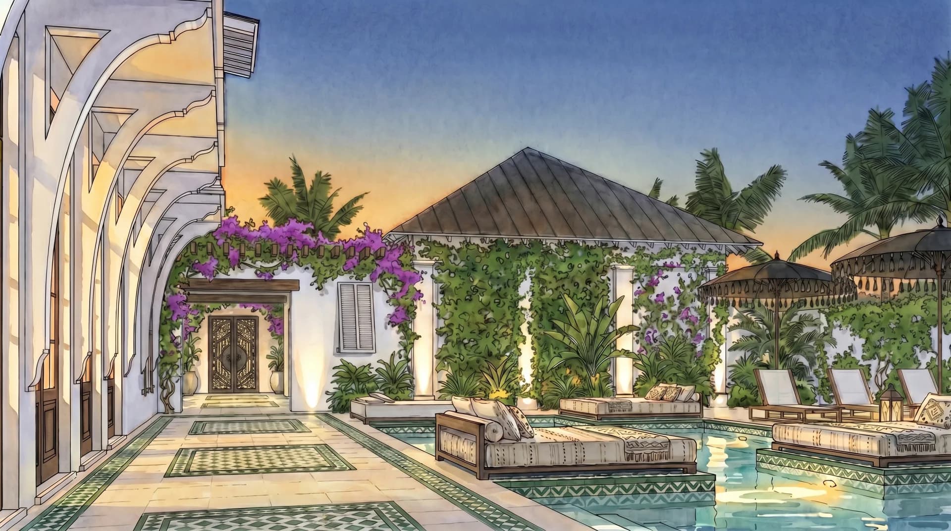 Red Rock Inn patio and pool garden — artist concept
