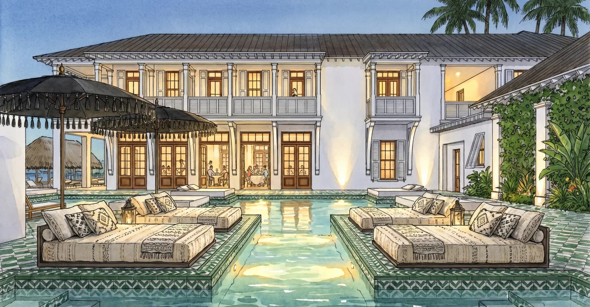 Red Rock Inn pool with daybeds — artist concept