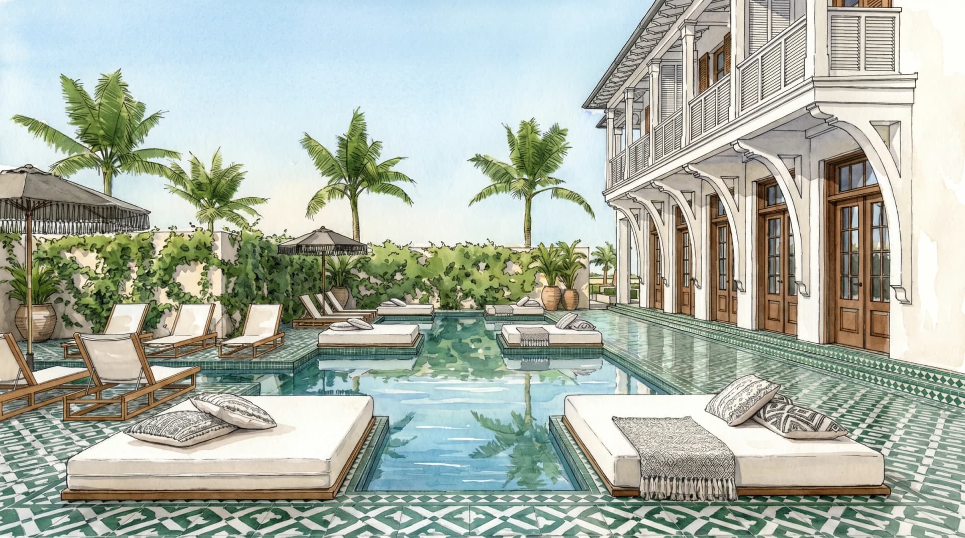 Red Rock Inn pool with mosaic deck and floating daybeds — artist concept