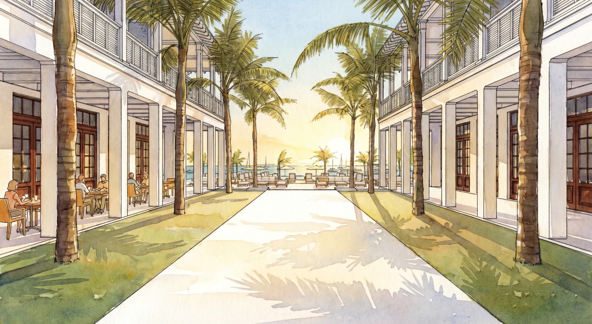 Red Rock Inn promenade toward the harbour at sunset — artist concept