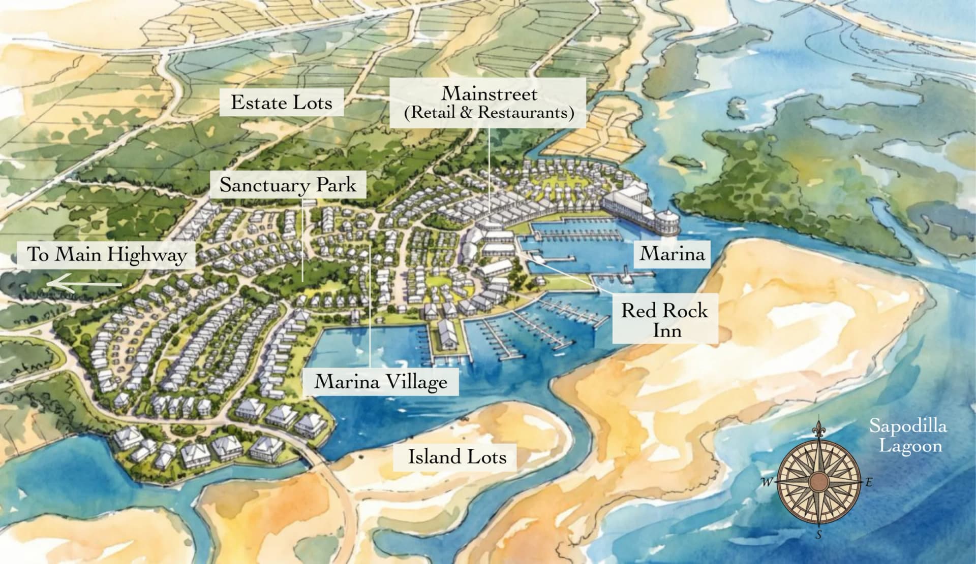Sapodilla Lagoon marina village plan with Mainstreet, Red Rock Inn, and slips — artist concept