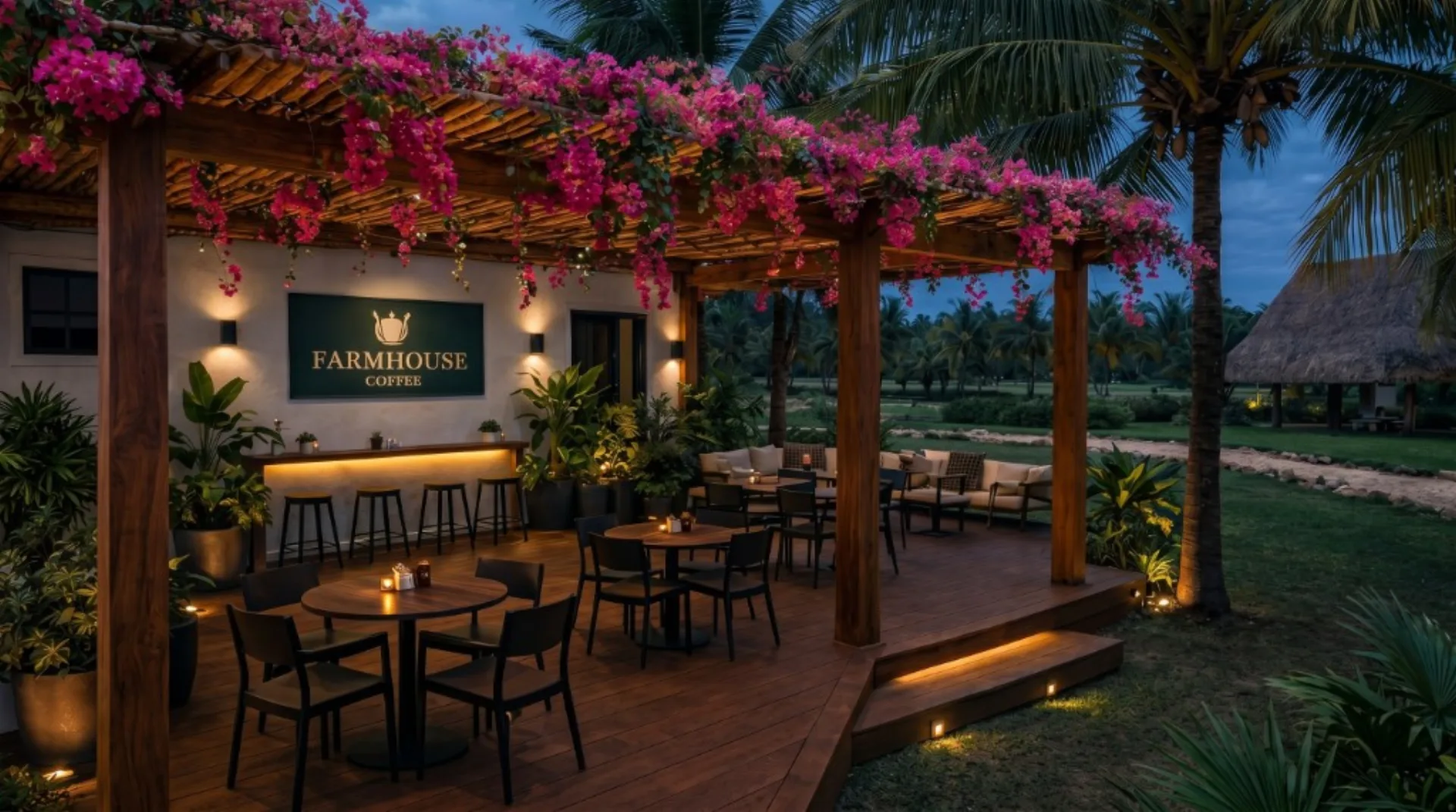 Artist's concept of the Farmhouse coffee terrace under a bougainvillea pergola