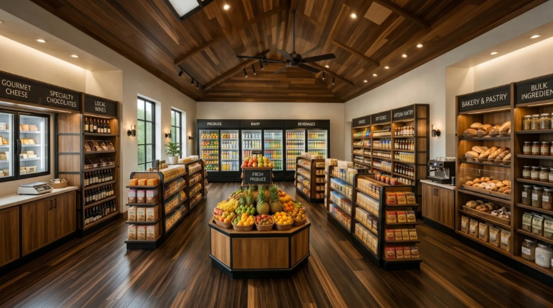 Artist's concept of the Farmhouse gourmet market interior with produce, bakery, and specialty goods