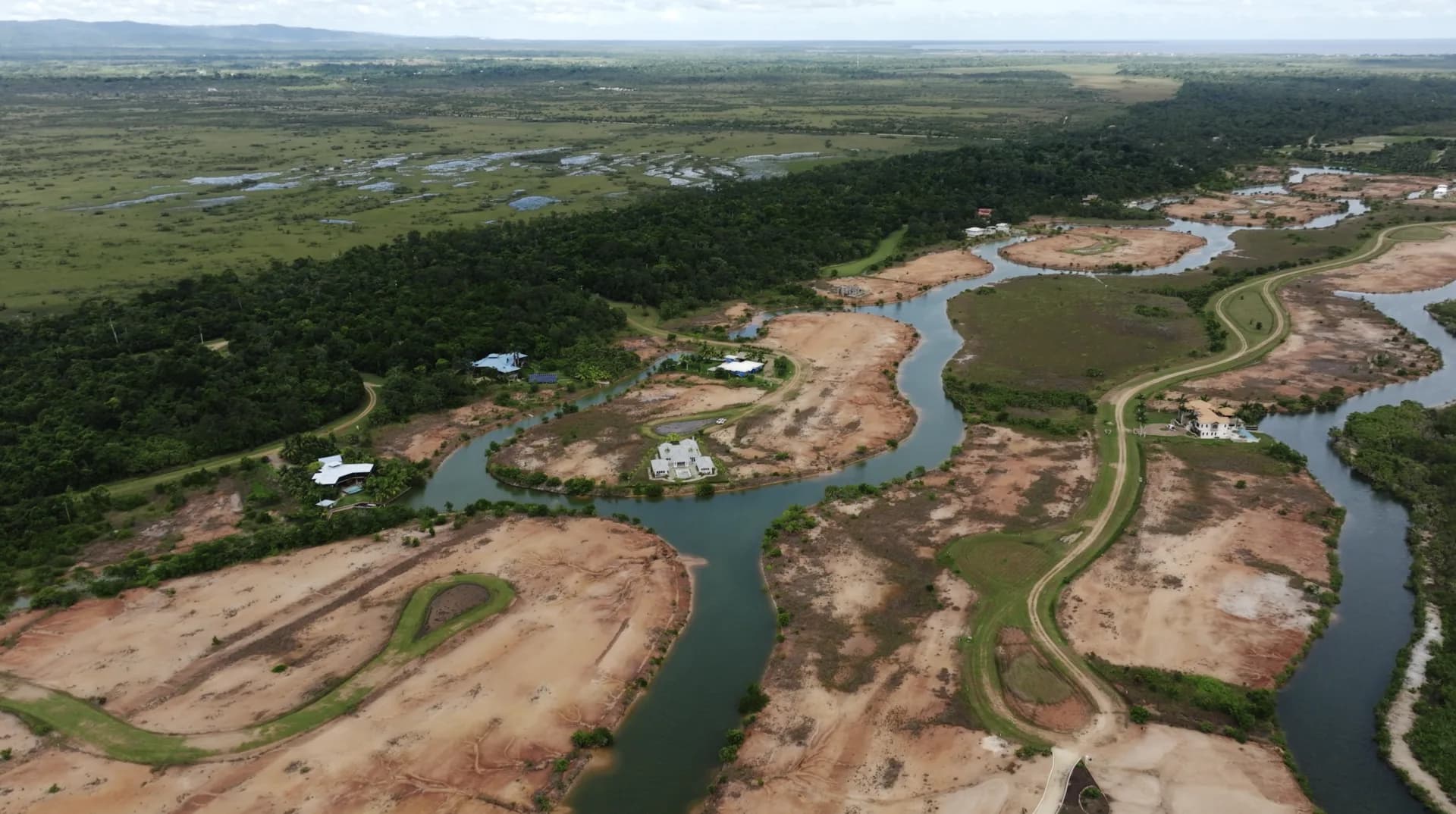 Aerial view of Red Rock village land and waterways